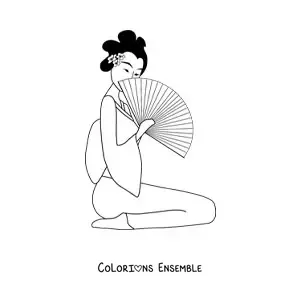 Image à colorier d'une geisha avec un éventail