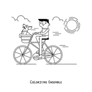 Image à colorier d'un garçon à vélo avec un chien dans le panier