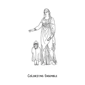 Image à colorier d'une femme de la Grèce antique avec sa fille