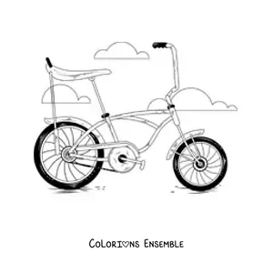 Image à colorier d'un vélo ancien avec des nuages en arrière-plan
