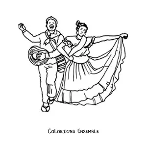Image à colorier d’un couple animé en costume typique de la Colombie
