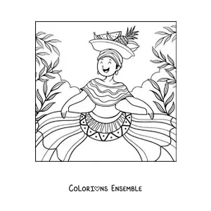 Image à colorier d’une femme colombienne animée en costume traditionnel