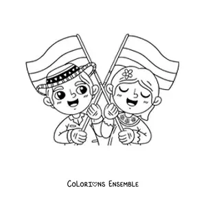 Image à colorier d’enfants colombiens animés avec le drapeau