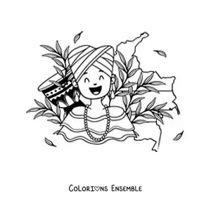 Image à colorier d’une femme en tenue traditionnelle avec la carte de la Colombie