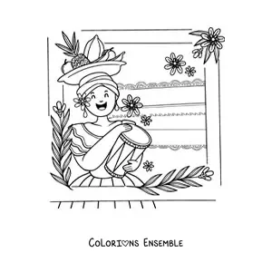 Image à colorier d’une femme en tenue traditionnelle colombienne jouant du tambour