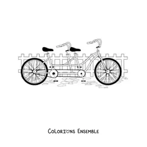 Image à colorier d'un vélo tandem avec une clôture en arrière-plan