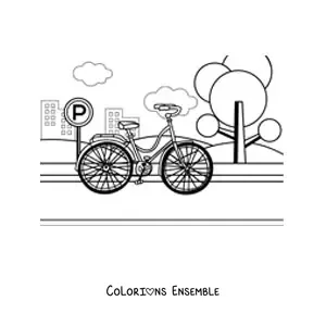 Image à colorier d'un vélo dans le parc avec des immeubles en arrière-plan