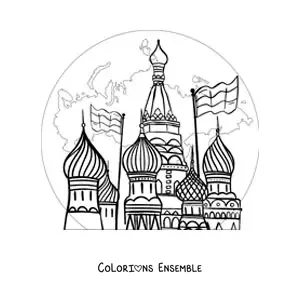 Image à colorier de la cathédrale Saint-Basile avec la carte de la Russie
