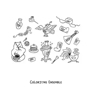 Image à colorier d’éléments de la culture russe animés