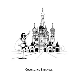 Image à colorier d’une fille touriste à la cathédrale Saint-Basile