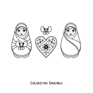 Image à colorier de poupées russes animées avec un cœur