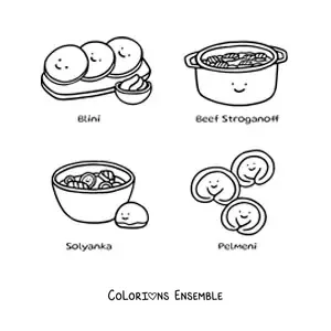 Image à colorier de plats typiques de Russie
