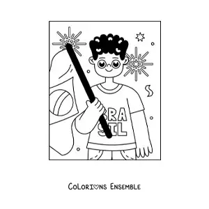 Image à colorier d’un garçon avec le drapeau du Brésil