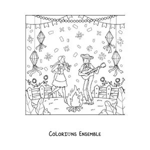 Image à colorier d’un couple célébrant les fêtes de juin traditionnelles du Brésil