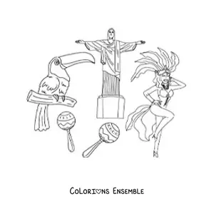 Image à colorier du Christ Rédempteur et d’éléments de la culture du Brésil