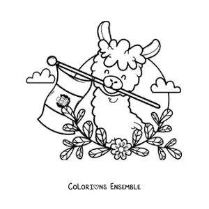 Image à colorier d’un alpaga animé avec le drapeau du Pérou