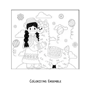 Image à colorier d’une fille péruvienne en costume traditionnel avec un alpaga