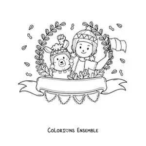 Image à colorier d’un garçon péruvien en tenue traditionnelle avec un alpaga animé