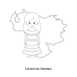 Image à colorier d’une fille en tenue traditionnelle avec la carte du Venezuela