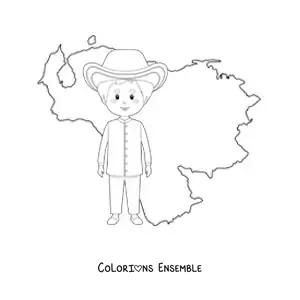 Image à colorier d’un garçon en tenue traditionnelle avec la carte du Venezuela
