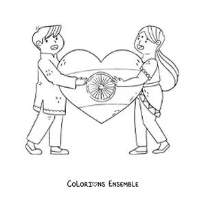 Image à colorier d’enfants de l’Inde avec un drapeau en forme de cœur