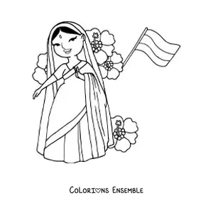 Image à colorier d’une femme de l’Inde avec le drapeau