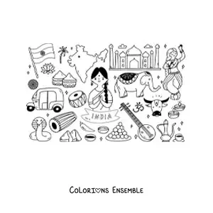 Image à colorier d’un éléphant et d’éléments de la culture de l’Inde