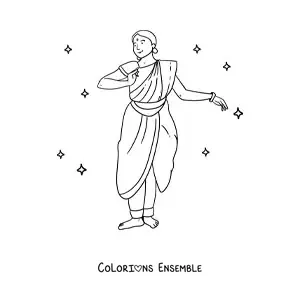Image à colorier d'une fille indienne qui danse en costume traditionnel