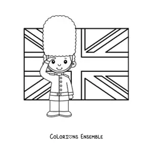 Image à colorier d'un garde royal animé avec le drapeau du Royaume-Uni