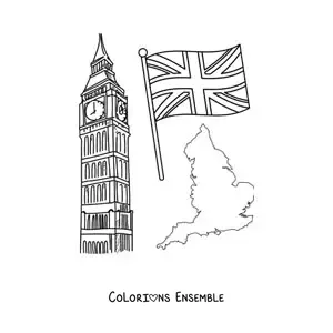 Image à colorier de Big Ben avec le drapeau du Royaume-Uni et la carte de l'Angleterre
