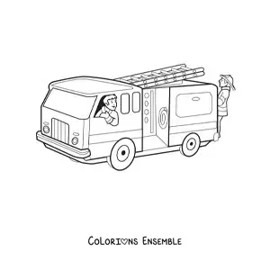 Image à colorier de deux pompiers animés sur un camion de pompiers