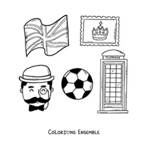 Image à colorier d'éléments de la culture anglaise et du drapeau du Royaume-Uni