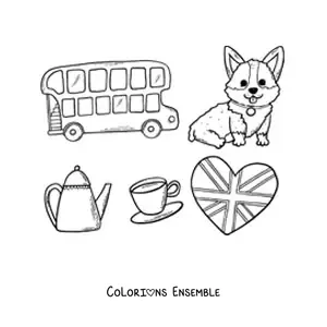 Image à colorier d'un bus et d'éléments de la culture britannique