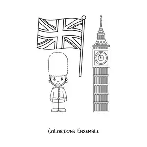 Image à colorier d'un garçon en garde royal avec le drapeau du Royaume-Uni et Big Ben