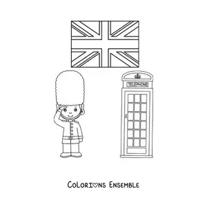 Image à colorier d'un garde royal animé avec le drapeau du Royaume-Uni et une cabine téléphonique