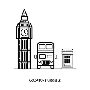 Image à colorier de Big Ben avec un bus et une cabine téléphonique de Londres