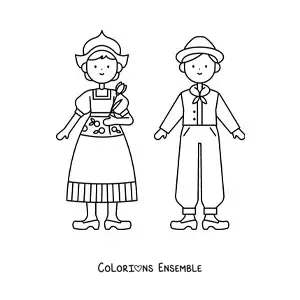 Image à colorier d'un couple en costume typique des Pays-Bas