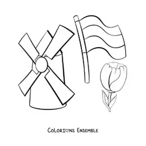 Image à colorier d'un moulin avec le drapeau des Pays-Bas et une tulipe