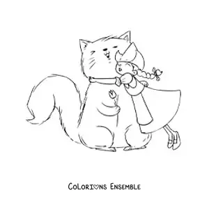 Image à colorier d'une petite fille hollandaise avec un chat animé