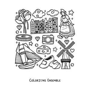 Image à colorier de sabots et de symboles de la culture des Pays-Bas