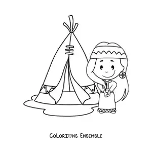 Image à colorier d'une fille amérindienne à côté d'un tipi
