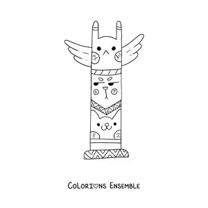 Image à colorier d'un totem amérindien animé kawaii