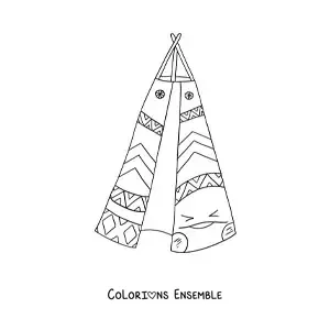 Image à colorier d'un tipi amérindien animé kawaii