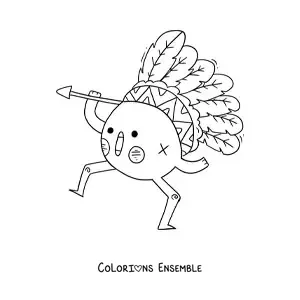 Image à colorier d'un Amérindien animé kawaii avec des plumes