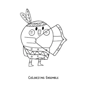 Image à colorier d'un Amérindien animé kawaii avec un arc et des flèches