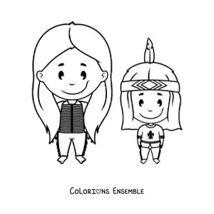 Image à colorier d'une mère et de son enfant d'une tribu amérindienne