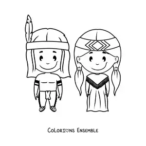 Image à colorier d'Amérindiens kawaii