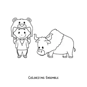 Image à colorier d'un Amérindien animé kawaii avec un bœuf