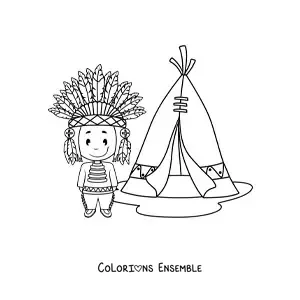 Image à colorier d'un Amérindien animé avec une coiffe de plumes à côté d'un tipi