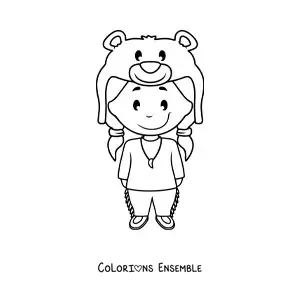 Image à colorier d'une fille amérindienne animée avec une peau d'ours
